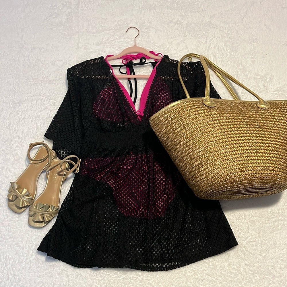 Black Lace Mesh Swim Cover-Up‎ with Tassel Tie V Neck One Size Fits Most